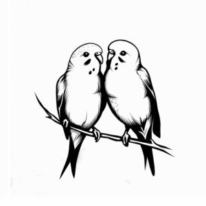 Minimalist tattoo design of two love birds sitting on a branch next tto each other in black and grey