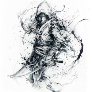 Ninja tattoo design with two swords and hood, splashes and lines and movement in black and grey