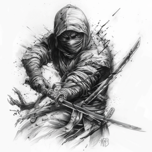 Ninja with samurai sword tattoo design with splashes in black and grey
