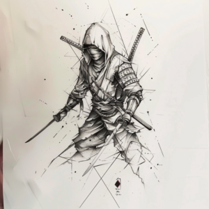 Ninja with two swords and hood with sharp geometric lines tattoo design in black and grey