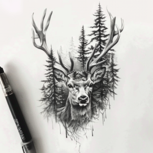 Realistic deer stag head with antlers tattoo design with forest and pine trees around in black and grey