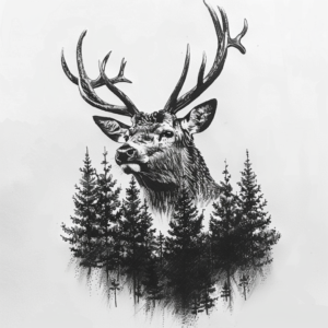 Realistic deer stag head with antlers tattoo design with forest underneath in black and grey