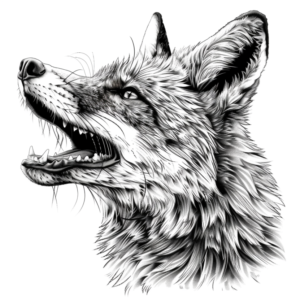 Realistic fox head with open mouth and teeth showing tattoo design in black and grey