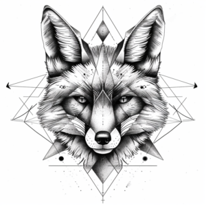 Simple geometrical fox head from the front tattoo design in black and grey