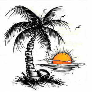 Simple palm tree tattoo design in black and grey with an open coconut and orange colored sunset