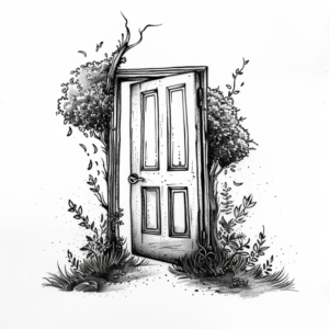 Simple wooden door in nature with trees and bushes around opening tattoo design in black and grey