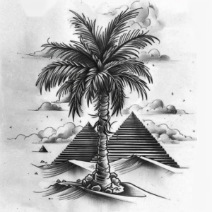 Single palm tree with two pyramids and clouds in the background tattoo design in black and grey