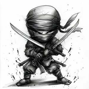 Small cute and angry ninja with big head tattoo design with two swords in black and grey