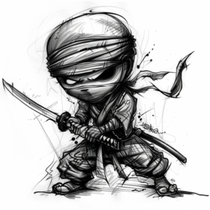 Small cute ninja with a big head and a sword tattoo design with lines around in black and grey