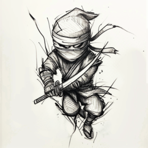 Small ninja running towards you with a sword tattoo design in black and grey