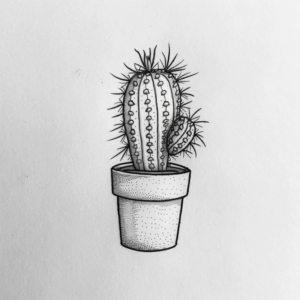Small simple minimalist cactus in pot tattoo design in black and grey