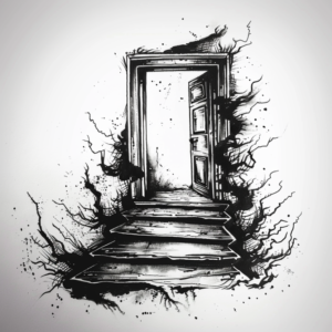 Stairs to opening door with black lines and branches around tattoo design in black and grey