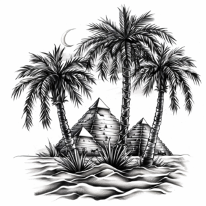 Three palm trees and three pyramids in desert tattoo design with a half moon in black and grey