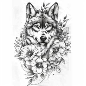 Wolf head looking straight tattoo design with flowers and leaves in black and grey