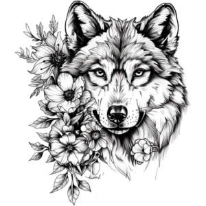 Wolf head tattoo design with flowers and leaves to the left tattoo design in black and grey