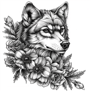 Wolf head tattoo design with flowers and roses and leaves tattoo design in black and grey