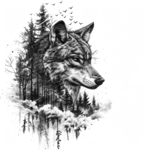 Wolf head tattoo design with forrest, fog and birds and reflection tattoo design in black and grey