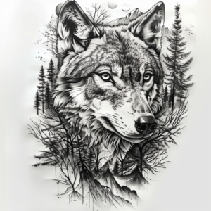 Wolf head tattoo design with mountains and trees in black and grey