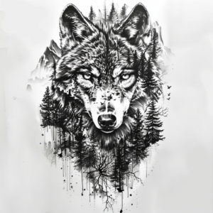 Wolf head tattoo design with mountains, forest and trees in black and grey