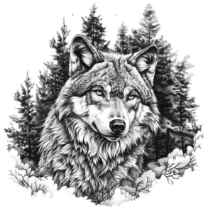 Wolf head with great mane tattoo design with forest in background in black and grey