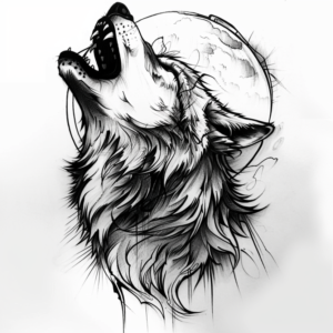 howling wolf head with moon in background tattoo design in black and grey