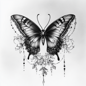 Beautiful butterfly with flowers and dream catcher like design in black and grey tattoo design
