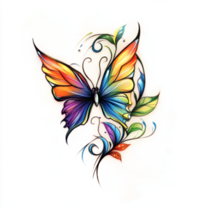 Colorful butterfly tattoo design with colorful leaves in red, purple, blue and green