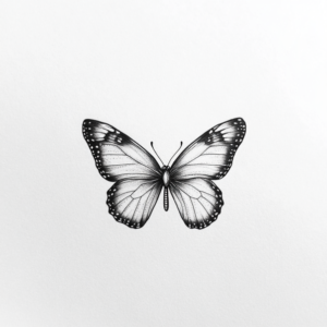 Simple small minimalist butterfly with black on wing edges tattoo design in black and grey